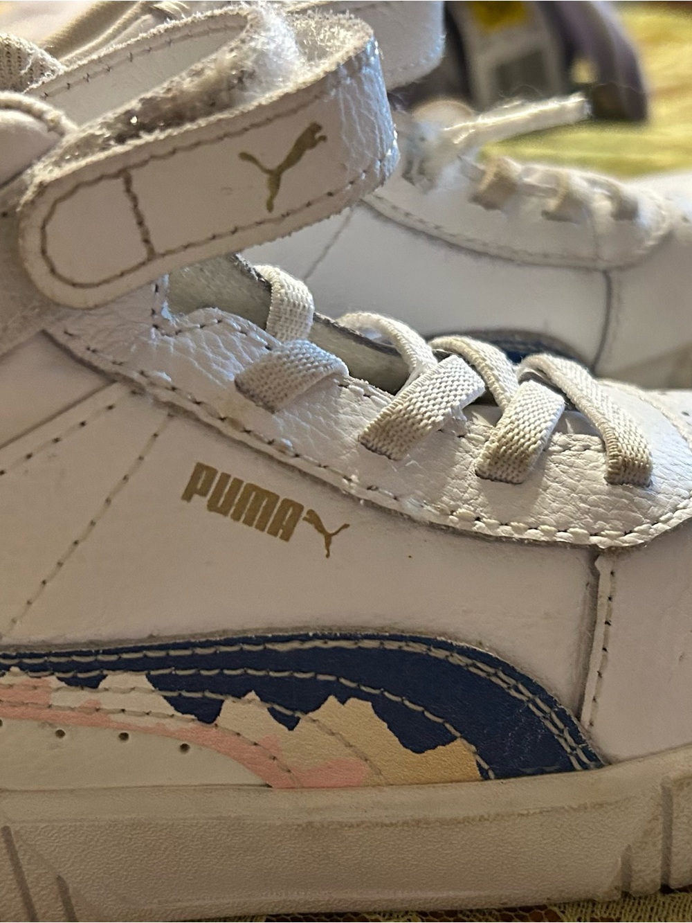 Puma White High-Top Kids Sneakers with Blue, Pink & Gold Accents